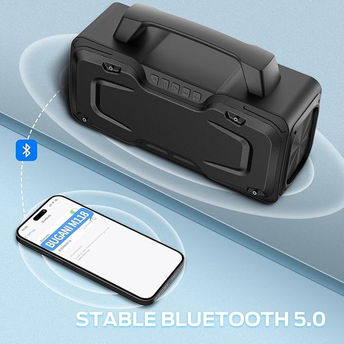 BUGANI Bluetooth Speaker, 80W Powerful Portable Wireless Speaker IPX7 Waterproof, Outdoor Loud Speakers with Handle 24H Playtime, Support Microphone AUX USB Suitable for Party, Pool, Karaoke