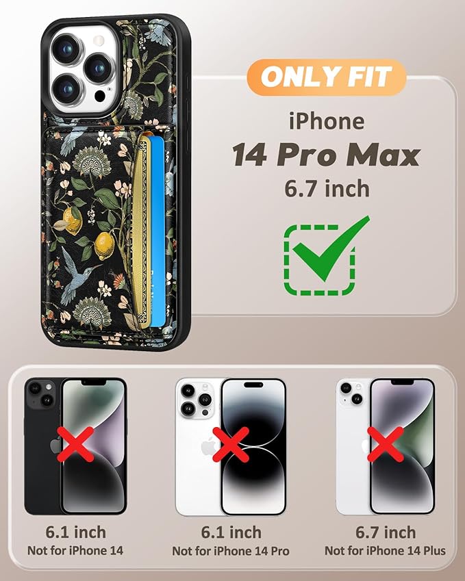 for iPhone 14 Pro Max Case with Wallet - Fits 4 Card Slots, Compatible with MagSafe for Women Aesthetic PU Leather Credit Card Holder Kickstand Phone Cover for Apple 14 Promax, Lemon Bird