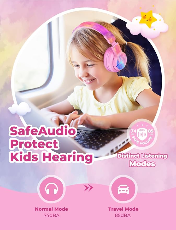 iClever BTH12 Kids Bluetooth Headphones,Colorful LED Lights,74/85dBA Safe Volume,85H Playtime,Fast Charging,Bluetooth 5.2,Over Ear Kids Headphones Wireles for iPad/Tablet/Airplane,Tie-dye Pink