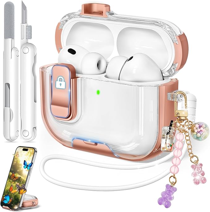 for Airpods Pro 3 Case 2025, Anti-Yellowing Clear Case for Airpods Pro 3 with Secure Lock & Phone Stand, Soft TPU Drop Protection Cover with Cleaning Kit (Rose Gold)