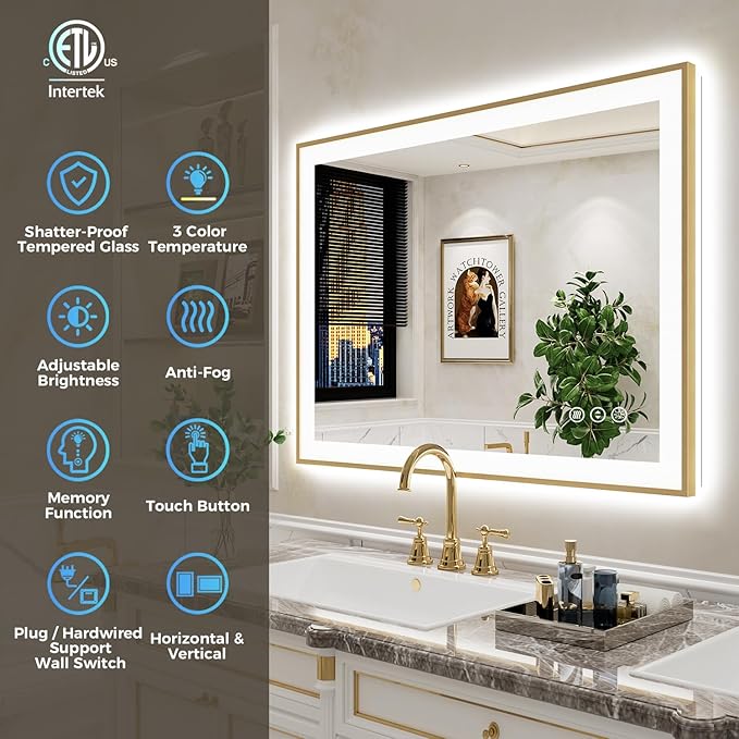 40x36 Inch LED Bathroom Mirror with Lights (Front Lit and Backlit) Gold Framed Lighted Vanity Mirror for Bathroom Wall Dimmable Anti-Fog Memory Tempered Glass Horizontal/Vertical