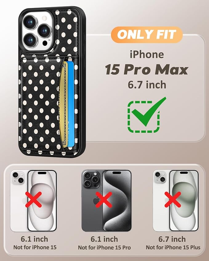 for iPhone 15 Pro Max Case with Wallet - Fits 4 Card Slots, Compatible with MagSafe for Women Aesthetic PU Leather Credit Card Holder Kickstand Phone Cover for Apple 15 Promax, Black Polka