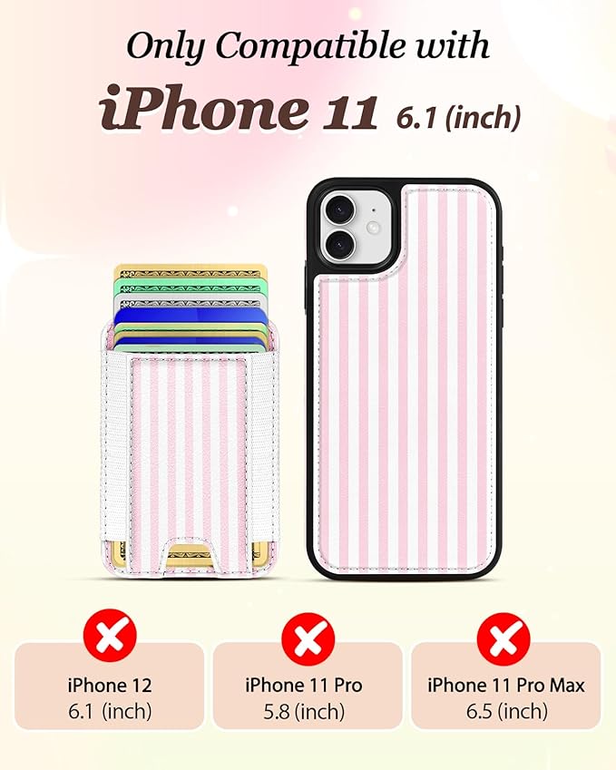 Shorogyt for iPhone 11 Wallet Case - Fits 5 Cards, Compatible with Magsafe Detachable Magnetic Credit Card Holder Leather Cardholder Cute Phone Cover Women Girls for Apple 11, Striped
