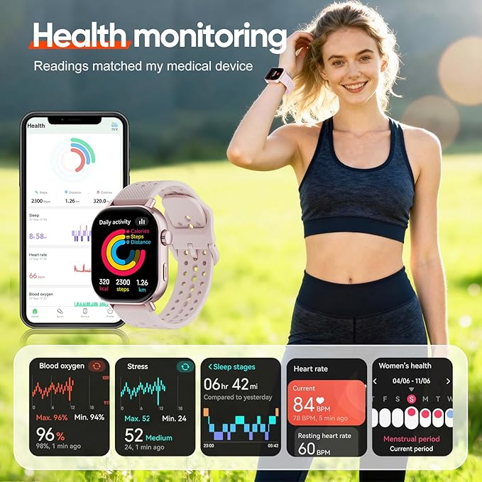 Smart Watch with 2 Bands: Step & Calorie Counter, Heart Rate & Oxygen Sensor, GPS Running, Swimming, Walking, Sports Tracker, Waterproof, Health Monitoring, Music & Call Alert Men Women iOS/Android