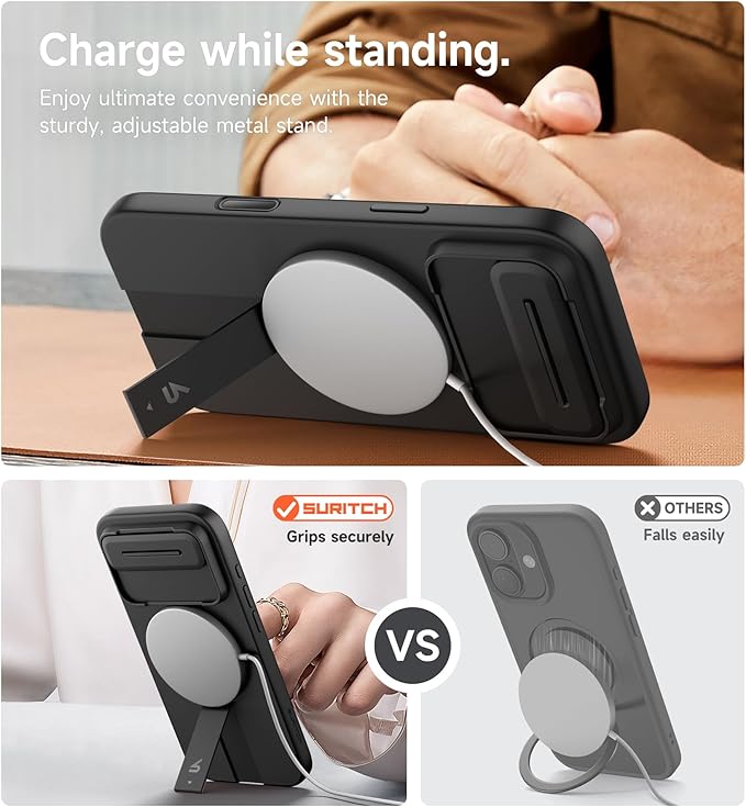 SURITCH for iPhone Air Case with Camera Control Cover, Camera Slide Cover and Adjustable Kickstand, Compatible with MagSafe, Shockproof Bumper Protective Cases for iPhone 17 Air 6.5 Inch, Black