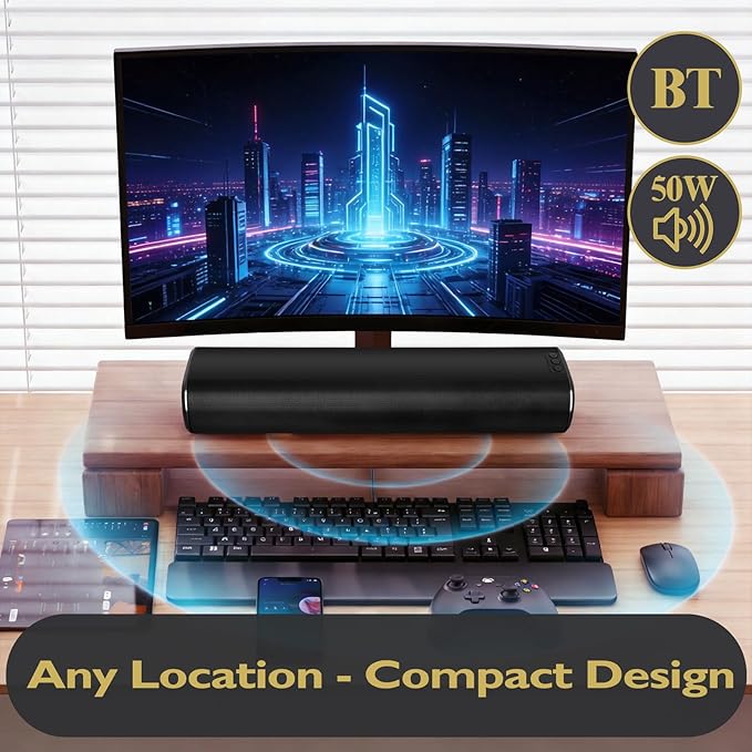 LEMEGA Edge X1 2.0 Soundbar for TV with HDMI ARC, 50W RMS Powerful Speaker, Bluetooth Streaming, Optical, AUX & USB, Compact Wall-Mountable Sound Bar for Gaming and More