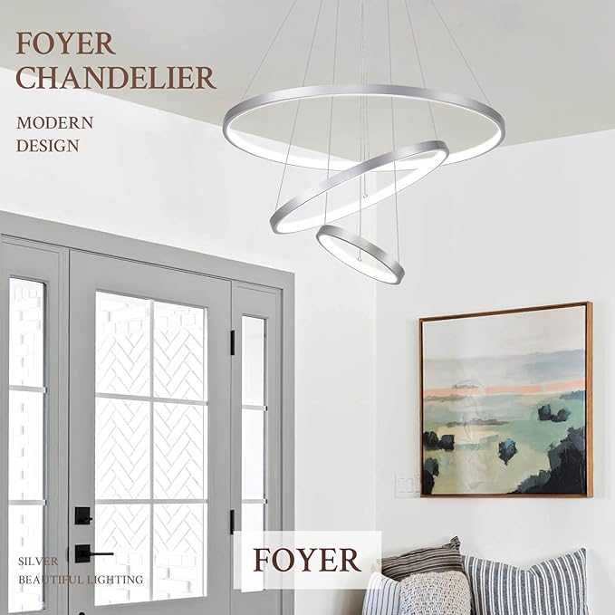 3 Ring Modern LED Chandelier Silver Dimmable Round Chandeliers, LED Circular Pendant Light Fixture with Remote Control for Living Room, Dining Room, Office, Entry, Bedroom