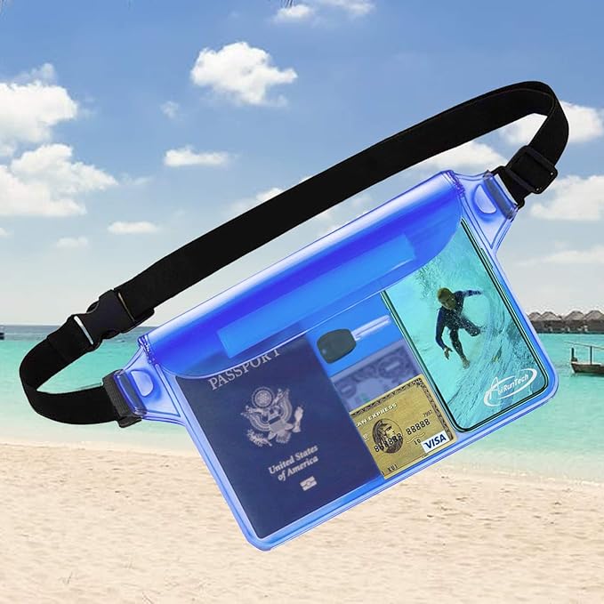 AiRunTech Waterproof Pouch | Way to Keep Your Phone and Valuables Safe and Dry | for Boating Swimming Snorkeling Kayaking Beach Pool (2 Phone Cases(Green + Pink) + 2 Fanny Packs(Black + Blue)