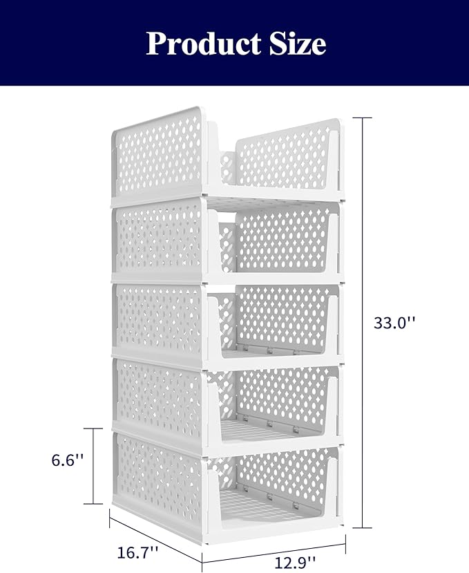 Kitsure 5-Pack Closet Organizers & Storage - Stackable Foldable Plastic Storage Drawers,Space-Saving Multi-Purpose Closet Storage Containers for Wardrobe, Bedroom or Laundry Room 16.7" x 12.9" x 6.6"