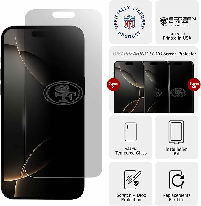 NFL San Francisco 49ers Clear Screen Protector for iPhone 14,13 & 13 Pro - with Disappearing Logo - Scratch-Resistant and Easy-to-Install Screen Protectors (Includes Installation Tray)