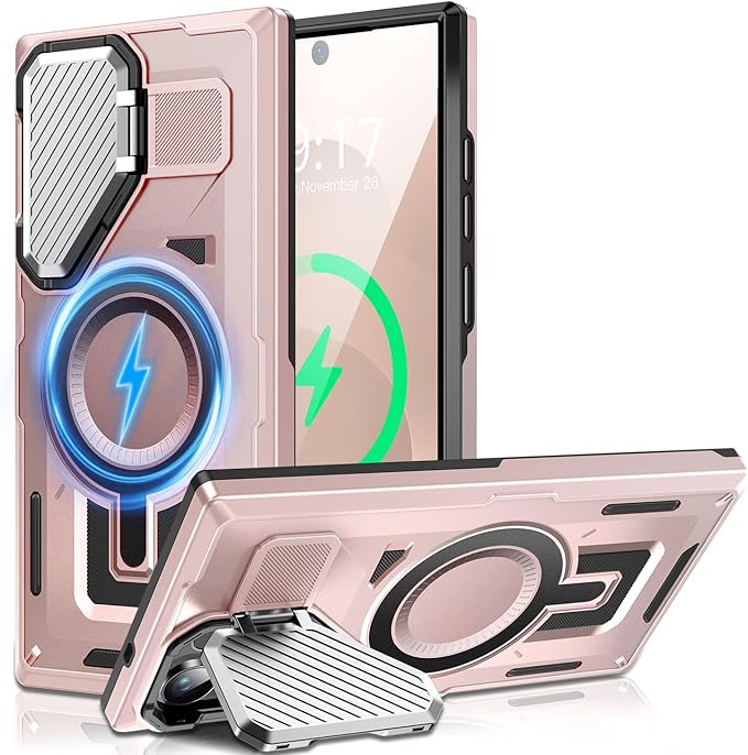 Camera Stand Case for Galaxy S25 Ultra, [Compatible with Mag Safe][Lens Cover] 2024 Version Military Grade Protective Soft Case for Samsung Galaxy S25 Ultra 6.86" Men Women, Pink