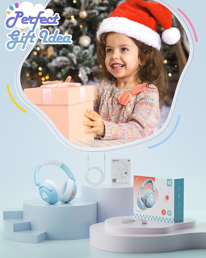Kids Bluetooth Headphones, 85dB Volume Limiter, Foldable Wireless Over-Ear Headphones for iPad, Travel, 75H Playtime, Bluetooth 5.4, Built-in Mic, Blue