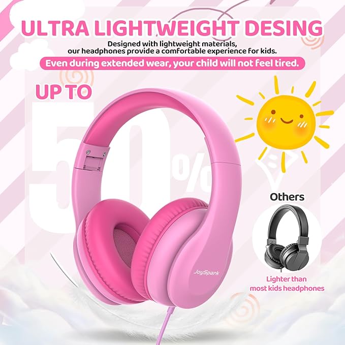 Wired Headphones for Kids, 85dB Volume Limit, 3.5mm Kids Headphones with Cord, Adjustable, Stereo Sound Foldable Toddler headsets for School-Pink