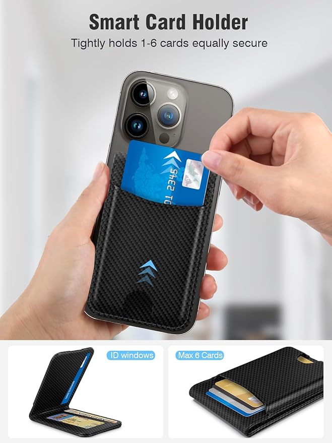 TopMade for MagSafe Wallet with Adjustable Stand, Magnetic Phone Card Holder for iPhone 17/16/15/14/13/12 Series, Leather RFID Blocking Wallet, ID Window, 6 Cards Holder, Carbon Fiber Black