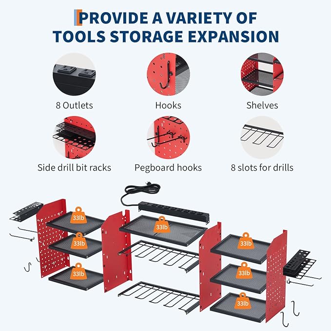 Power Tool Organizer, Drill Holder Wall Mount, Heavy Duty 3-Layer Garage Rack with 8 Outlets, 8 Drill Storage Shelf with Hooks, Battery Storage Rack Charging Station for Tool Shelf