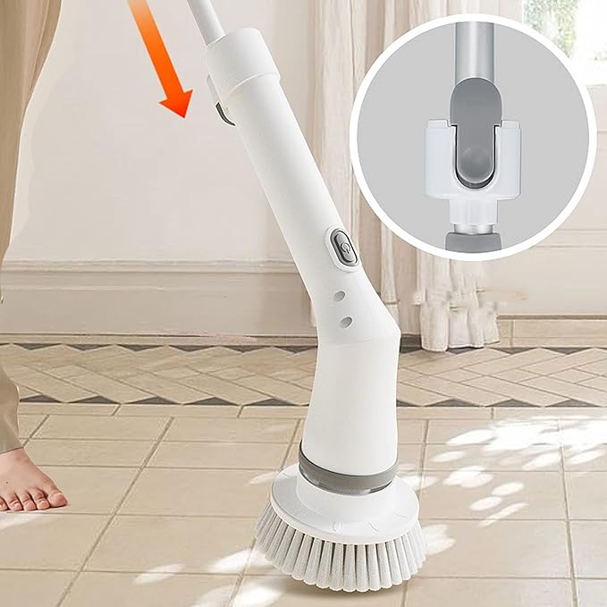 Pilipane Electric Spin Scrubber Cordless Power Cleaning Brush with 6 Replaceable Heads Adjustable Extension Handle for Bathroom Tile Floor Shower Tub White
