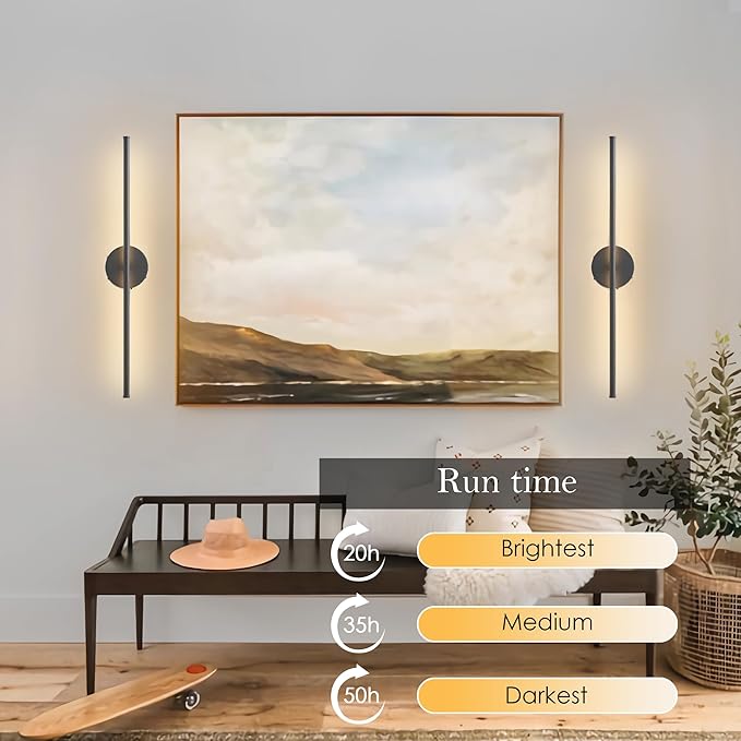 Battery Operated Wall Sconces Set of Two, with Remote Control, Dimmable, Warm White/Natural White/Daylight/RGB, 350°Rotate, LED Black Wireless Wall Light for Living Room, Bedroom, 28.3 Inch