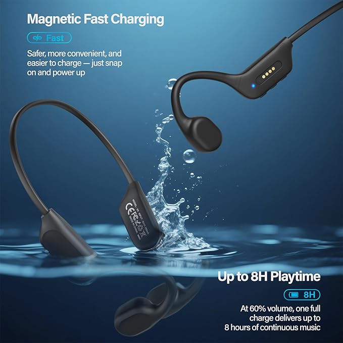 New Bone Conduction Headphones IPX8 Waterproof Swimming Headphones, Open Ear with MP3 Mode, 32GB Memory, 8 Hours Playtime, Bluetooth 6.0 Earbuds with Secure Fit for Running, Fitness, Cycling & Outdoor