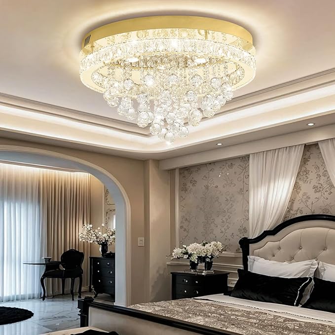 Dia 24" Modern Crystal Chandeliers for Dining Room,Gold Raindrop Chandelier Flush Mount Chandeliers for Living Room Bedrooms Dining Room Dimmable 2700k 4500k 6000k