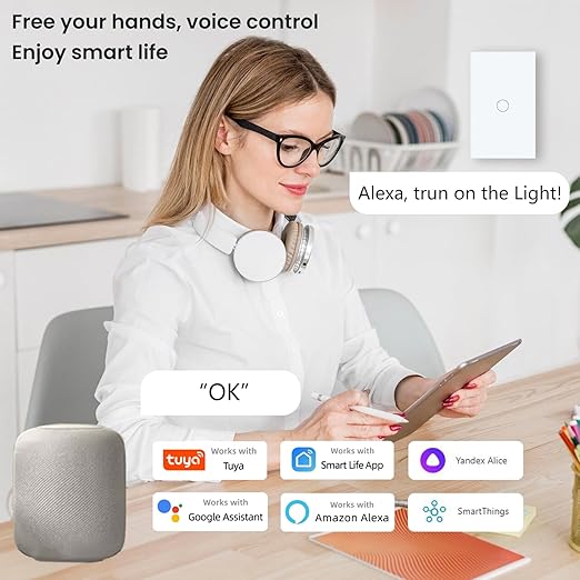 WiFi Smart Wall Light Switch, 3 Way Multi-Control, 2.4GHz Wi-Fi Touch Switch, Neutral Wire Required, Adapt with Smart Life/Tuya App, Compatible with Alexa and Google Home, White 1 Gang