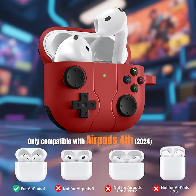 Getino for AirPods 4 2024 Case Cover with Cleaner Kit, Keychain,Compatible with Apple Airpods 4 Case Cover, Cute Funny Game Console Shock-Proof Protective Silicone AirPod 4 Case Covers for Men Boy-Red