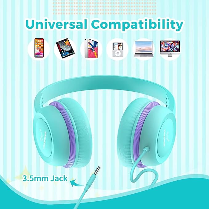 Kids Headphones, Wired Headphones for Kid with Safe Volume Limiter, Kid Headphone with Cord 3.5mm Jack, On-Ear Girls Boys Toddler Headphone for School ﻿