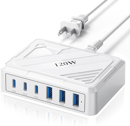 120W USB C Charging Station，Charging Station for Multiple Devices，USB Outlet Plug,USB Plugs for wall Outlet,Charger Block,usbc Charging hub,iPhone,Samsung,Ipad,Kindle,Travel,nightstand,Bedside