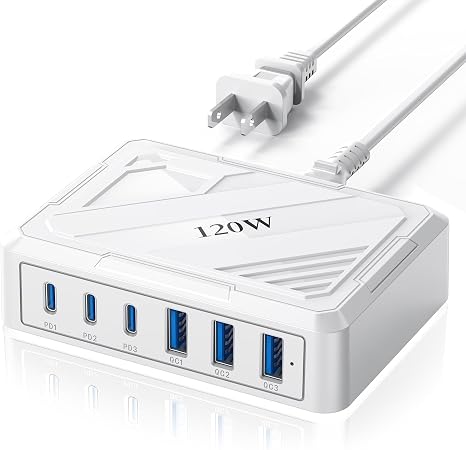 120W USB C Charging Station，Charging Station for Multiple Devices，USB Outlet Plug,USB Plugs for wall Outlet,Charger Block,usbc Charging hub,iPhone,Samsung,Ipad,Kindle,Travel,nightstand,Bedside