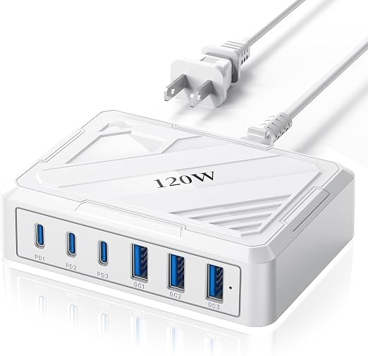 120W USB C Charging Station，Charging Station for Multiple Devices，USB Outlet Plug,USB Plugs for wall Outlet,Charger Block,usbc Charging hub,iPhone,Samsung,Ipad,Kindle,Travel,nightstand,Bedside