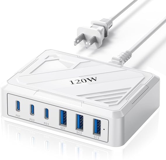 120W USB C Charging Station，Charging Station for Multiple Devices，USB Outlet Plug,USB Plugs for wall Outlet,Charger Block,usbc Charging hub,iPhone,Samsung,Ipad,Kindle,Travel,nightstand,Bedside