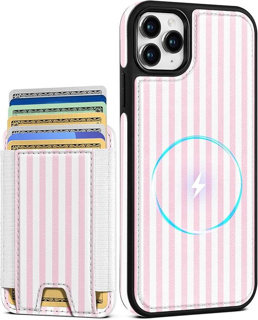 Shorogyt for iPhone 11 Pro Case Wallet - Fits 5 Cards, Compatible with Magsafe Detachable Magnetic Credit Card Holder Leather Cardholder Cute Phone Cover Women Girls for Apple 11Pro, Striped