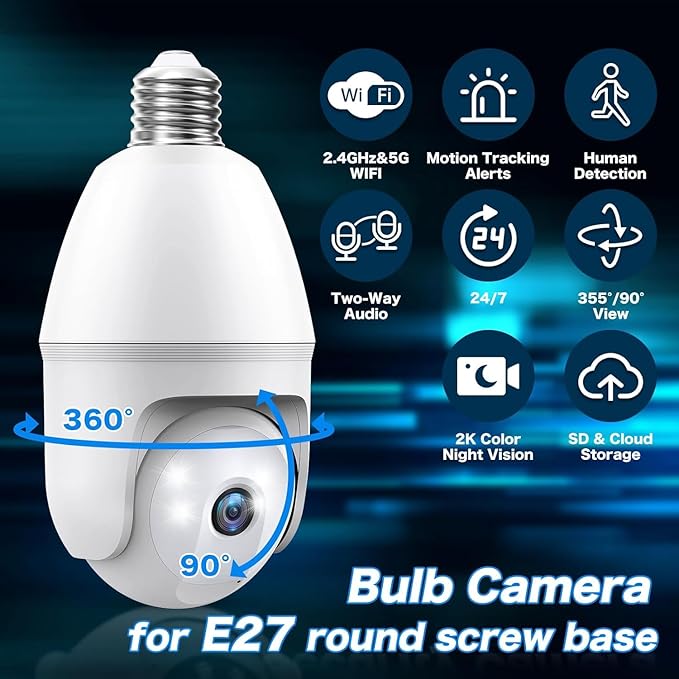 Light Bulb Security Camera - 5g 2K Lightbulb Security Cameras Wireless Outdoor, 360 Front Porch Light Camera Screw in Light Socket 7/24 Motion Sensor Color Night Vision 2-Way Audio