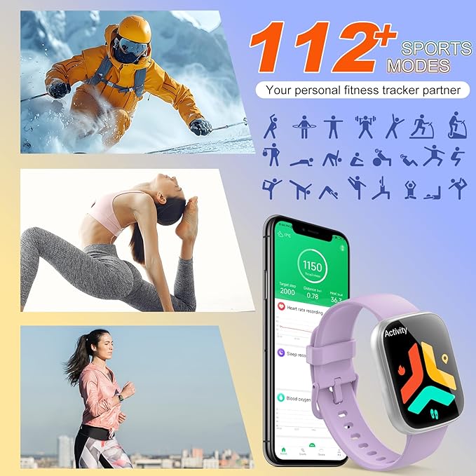 Smart Watches for Men Women, 1.95" HD Touchscreen Fitness Tracker with Bluetooth Calls, IP68 Waterproof, 120+ Sport Modes, 7-Day Battery, 24/7 Heart Rate & Sleep Monitor for Android iOS (Purple)