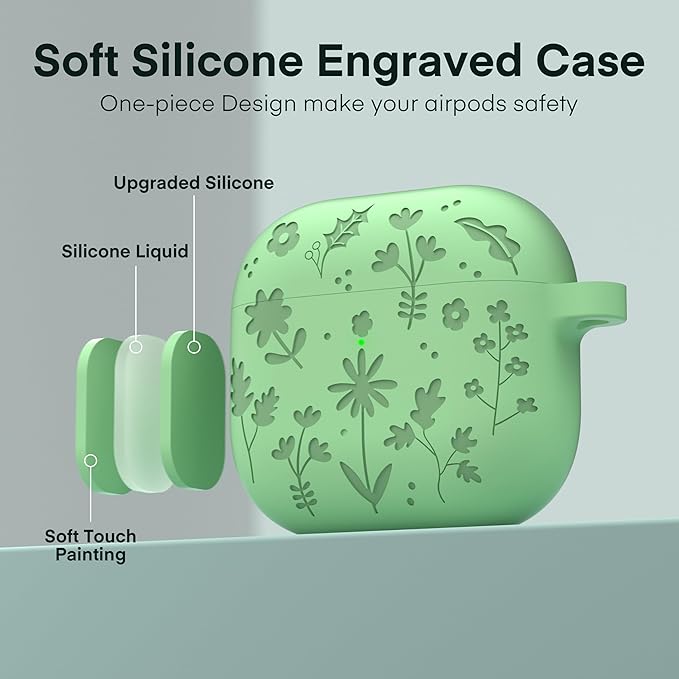 Maxjoy for AirPods 4 Case, Engraved Silicone Cute AirPod 4 Case for Women Men Protective iPod 4 Cover with Keychain Cleaning Kit for AirPod 4th Generation Cover 2024, Matcha