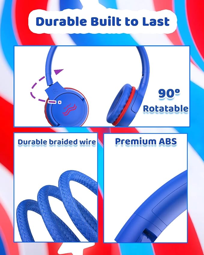 Wired Kids Headphones with Mic, Foldable, Volume Control Safe Listening(85/94dB), 3.5mm Jack on-Ear Headset for Chilren/Teens/Easter Day/School/Travel/Plane/Tablet/Laptop,Blue-Red