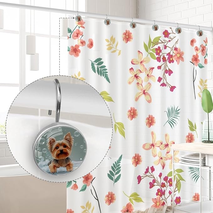 Bathing Dog and Bubbles Shower Curtain Hooks 12Pcs, Decorative Rust Resistant Shower Rings for Shower Curtain Rods, Stainless Steel Round Curtain Hooks for Bathroom, Bedroom, Farmhouse