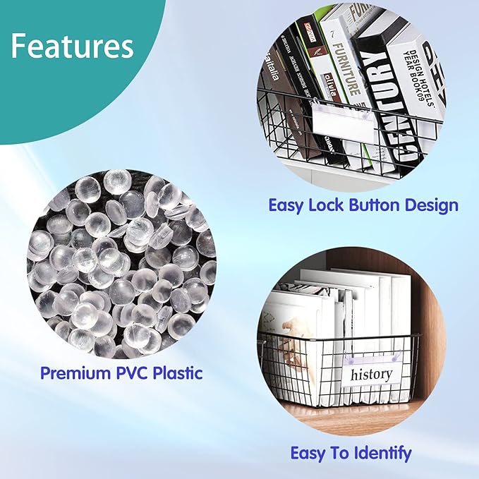 ELEMGULY Basket Label Holders, 40PCS Plastic Basket Label Clips with Easy Button Lock Design, Wire Shelf Label Holder Wire Rack Display Holder Price Sign for Home Market (40pcs Label Paper Included)