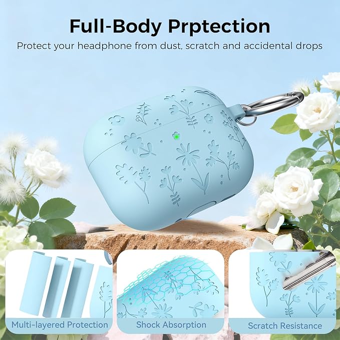 AhaStyle AirPods Pro 3 Case Cover (2025) Flower Engraved Cute Silicone AirPods Pro 3rd Generation Case Full Body Shockproof Cover Skin for Apple AirPods Pro 3rd Gen with Cleaning Kit for Women Girls