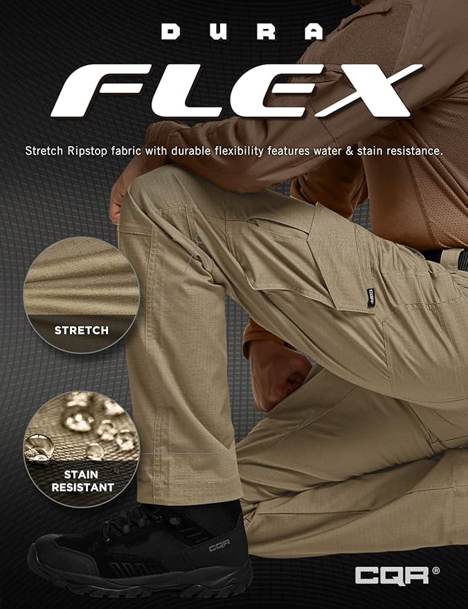 CQR Men's Flex Ripstop Tactical Pants, Water Resistant Stretch Cargo Pants, Lightweight EDC Hiking Work Pants