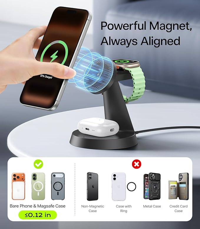 3 in 1 Charging Station for Apple Devices, 15W Fast Qi2 Wireless Charger Stand for iPhone 17 16 15 14 13 12, Watch Charger Stand for Apple Watches & Airpods, Carbon Black