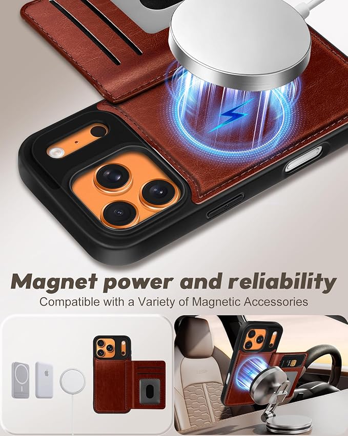 for iPhone 17 Pro Case with Wallet - Fits 4 Card Slots, Compatible with MagSafe for Women Men Durable PU Leather Credit Card Holder Kickstand Phone Cover for Apple 17 Pro, Brown