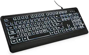 KOPJIPPOM Large Print Backlit Keyboard, USB Wired Computer Keyboard, Full Size Keyboard with White Illuminated LED Compatible for Windows Desktop, Laptop, PC, Gaming, Black