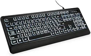 KOPJIPPOM Large Print Backlit Keyboard, USB Wired Computer Keyboard, Full Size Keyboard with White Illuminated LED Compatible for Windows Desktop, Laptop, PC, Gaming, Black