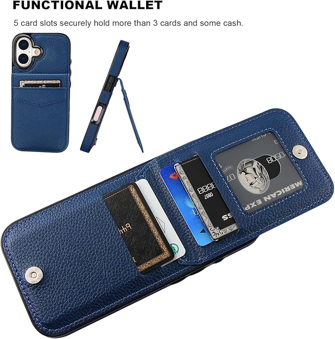 KIHUWEY Compatible with iPhone 17 Case Wallet with Credit Card Holder, Flip Premium Leather Magnetic Clasp Kickstand Heavy Duty Protective Cover for iPhone 17 6.3 Inch (Lichee Blue)