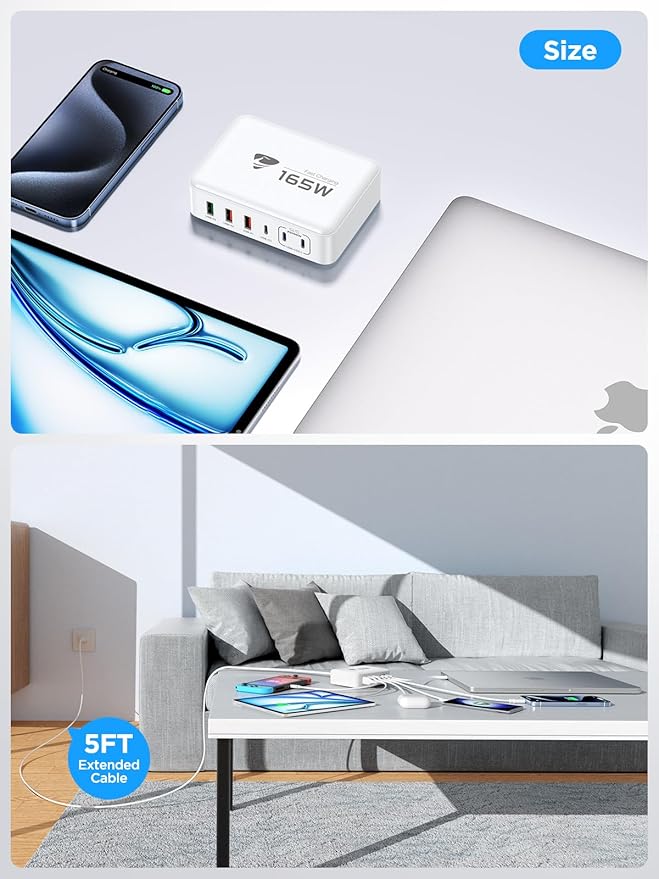 165W USB C Charging Station 6-Port GaN USB C Charger, PD 100W Laptop Hub Wall Charger Multiport USB c for MacBook Pro/Air,iPhone 15 16 Pro Max,iPad, Galaxy S24