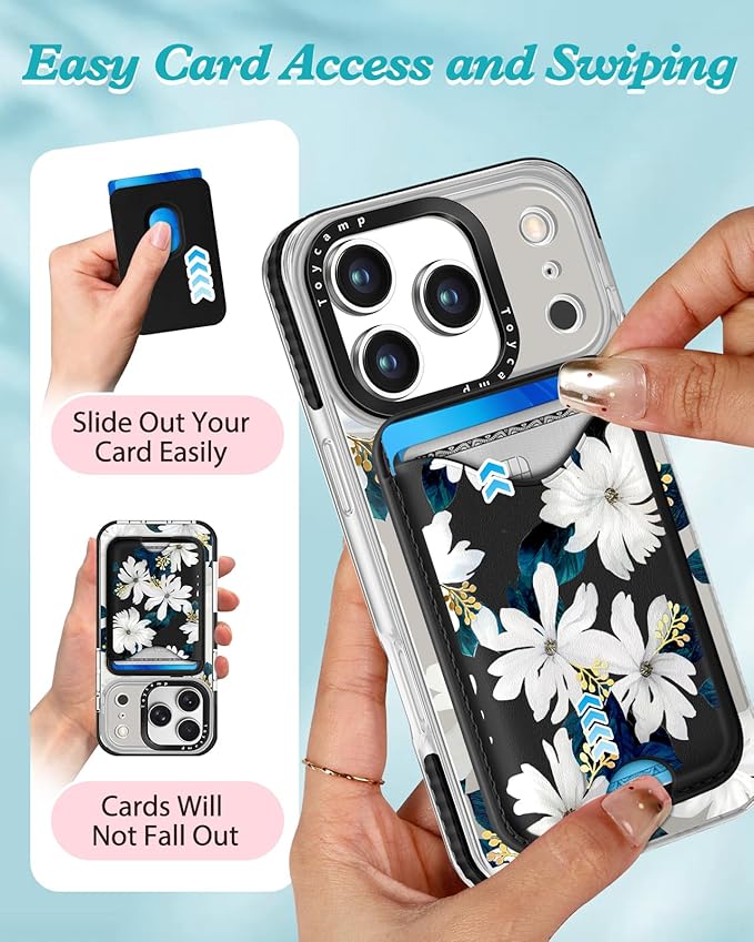 Toycamp for iPhone 17 Pro Max Case - Compatible with Magsafe Credit Card Holder Wallet Magnetic Cute Women Teen Girls Kawaii Girly Unique White Flower Design Phone Cover for Apple 17 Promax