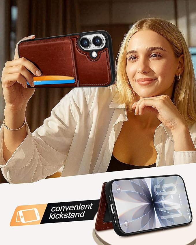 for iPhone 17 Case with Wallet - Fits 4 Card Slots, Compatible with MagSafe for Women Men Durable PU Leather Credit Card Holder Kickstand Phone Cover for Apple 17, Brown