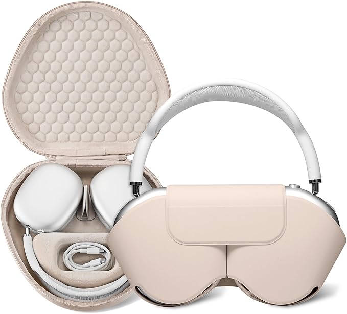 Maxjoy for AirPods Max Case [Shockproof & Dustproof] - Premium PU Leather & EVA Hybrid Hard Protective Cover, Travel Carrying Case with Storage for Apple AirPods Max Headphones (Khaki)