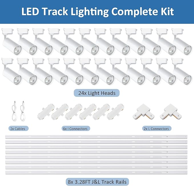 J&L Type Track Lighting Complete Kit 6000K Cool White Lights 25 W Plug in LED Track Lighting Complete Kits 24 Packs Extra Brightness with Extra 26.24FT Rails