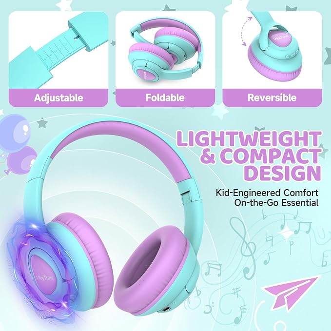 VibeTune Kids Bluetooth Headphones, 60H Playtime, Volume Limited 85/94dB, Bluetooth 5.4, Type-C Fast Charging, Foldable Wireless Headphones for Kids, Toddler Headsets with HD Mic-Purple